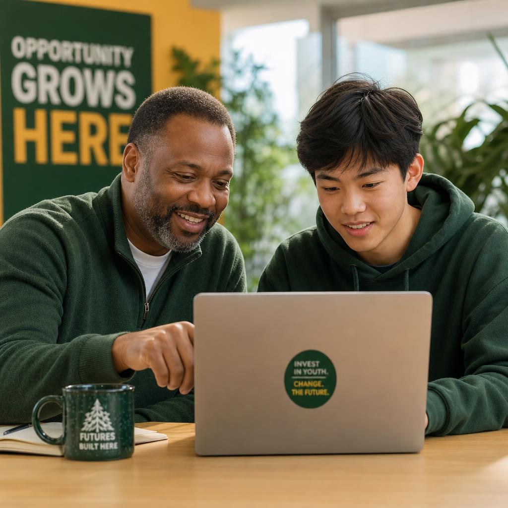A mentor coaching a teen student on code and budgeting at a laptop